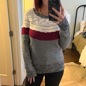 Cozy Cable Yoke Colorblock Sweater - Gray, White & Burgundy size L